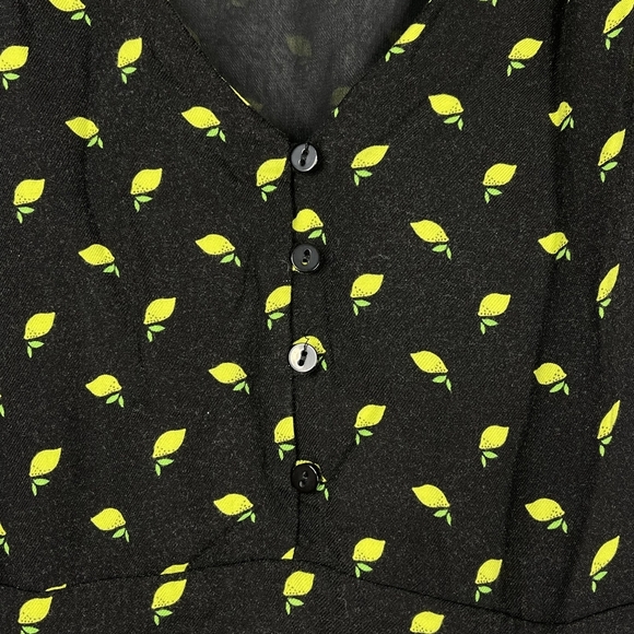 2/$30 ZARA Lemon Print Fit and Flare Black Dress V-Neck Scalloped Sleeve #6871 - Picture 8 of 16